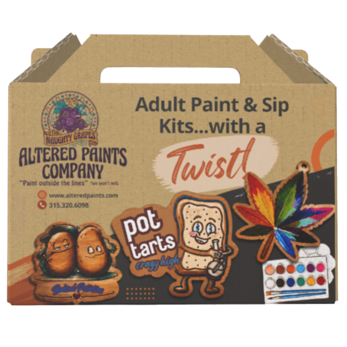 Altered Paints Company 'Twist!' Adult Paint & Sip Kits packaging box, featuring cartoon potato characters, a rainbow-colored paint star, and a watercolor palette illustration on a brown cardboard background.