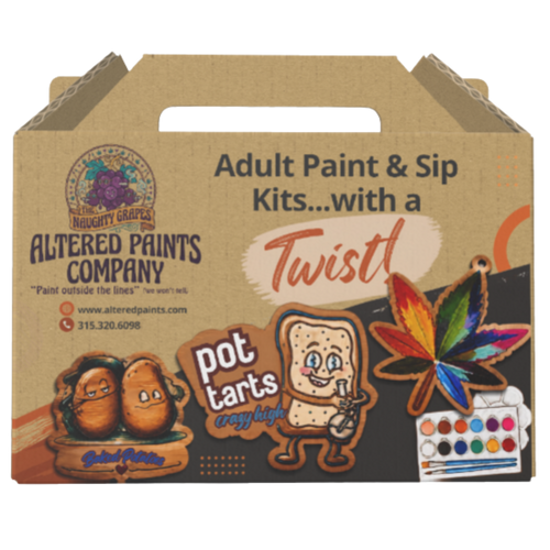 Altered Paints Company 'Twist!' Adult Paint & Sip Kits packaging box, featuring cartoon potato characters, a rainbow-colored paint star, and a watercolor palette illustration on a brown cardboard background.